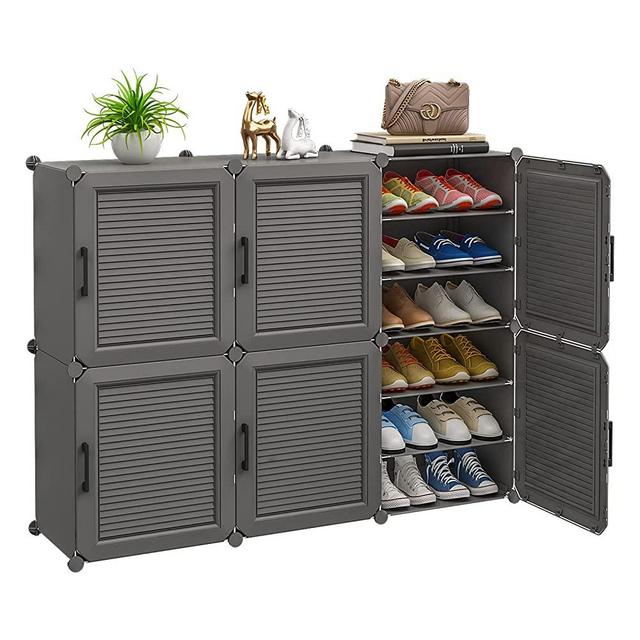 MAGINELS Portable Shoe Rack, 36 Pair DIY Shoe Storage Shelf Organizer, Plastic Shoe Organizer for Entryway, Shoe Cabinet with Doors, Grey