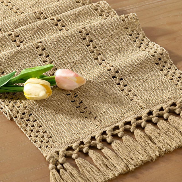 Socomi Boho Table Runner Macrame Summer Farmhouse Woven Cotton Linen Rustic Coffee Table Runner with Tassels for Small Dresser Scarf Home Decor Dining Room 12x72 inch Champagne