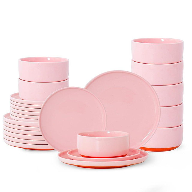 Ruxmirae 24 Piece Dinnerware Sets for 8, Dual Glaze Stoneware Plates and Bowls Set, Microwave and Dishwasher Safe, Pink