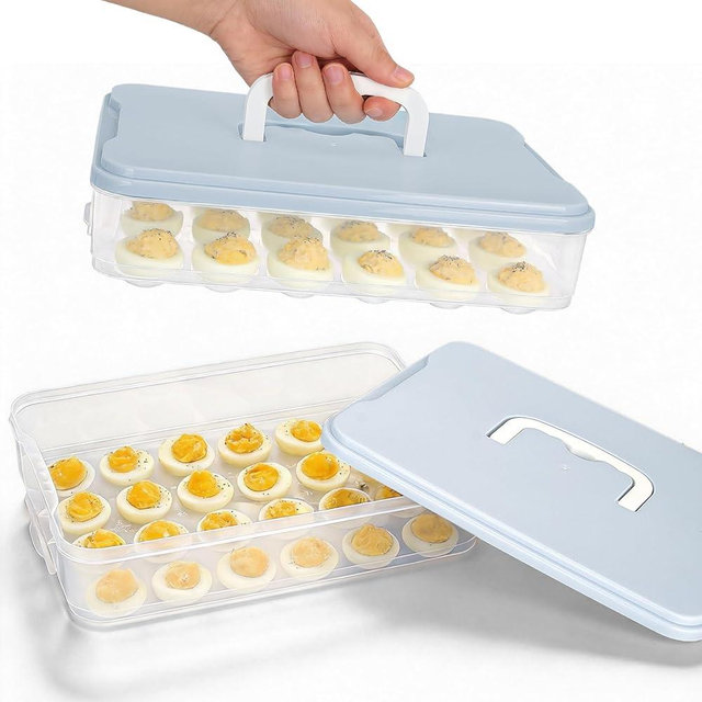2 Pack Deviled Egg Containers with Lid, Stackable Deviled Egg Holder with Slots for 48 Eggs, Portable Clear Plastic Eggs Carrier with Handle, Perfect for Fridge Storage, Parties, Picnics, and Travel
