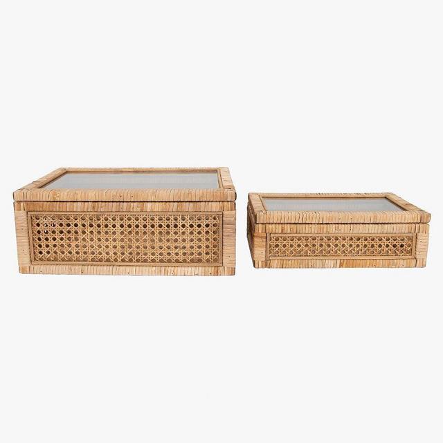 Woven Rattan and Wood Boxes, Set of 2