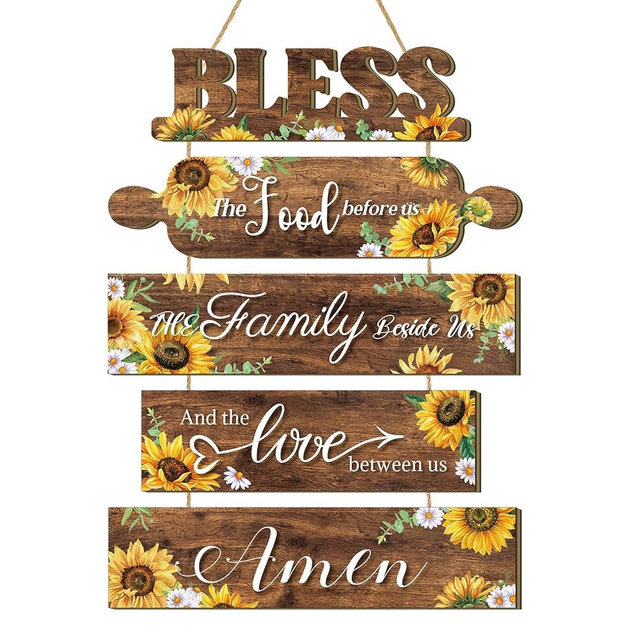 Sunflower Kitchen Wall Decor Bless The Food Before Us Sign Farmhouse Kitchen Wooden Wall Signs Rustic Dining Room Wall Art Country Vintage Hanging Decoration for Kitchen Home Living Room