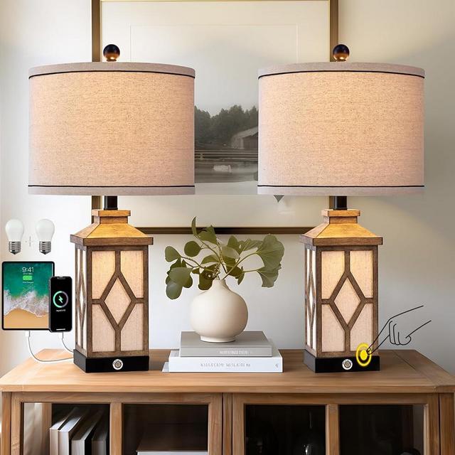 G-SAFAVA 23.5" Modern USB A+C Wood 3 Way Dimmable Touch Control Nightlight Table Lamp Set of 2 for Bedroom Living Room with Vintage Lamp 2 Light Sources(2 Bulbs Included)
