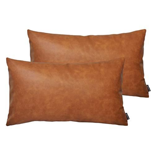 HOMFINER Faux Leather Lumbar Throw Pillow Covers for Couch Bed Sofa Decorative, 12x20 Set of 2 Thick Modern Farmhouse Boho Small Long Accent Rectangle Scandinavian Decor Cushion Cases Cognac Brown