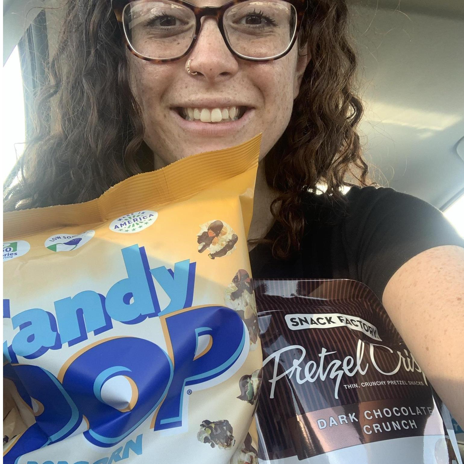 Corinne is really excited about our snack run for our at home movie date!