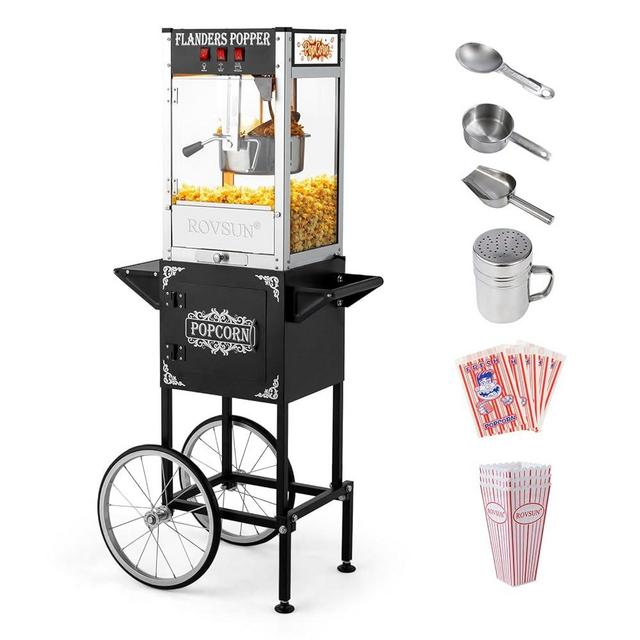 ROVSUN Popcorn Machine with Cart, Wheels & 8 Oz Kettle Makes Up to 32 Cups, Popcorn Maker with Stainless Steel Scoop, Oil Spoon & 3 Popcorn Cups for Commercial Home Movie Theater, Black