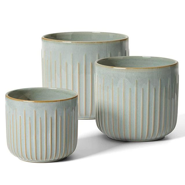 LE TAUCI Plant Pots, Large Planter Ceramic, 8.3+6.9+5.7 inch Flower Pot for Plants with Drainage Holes, Garden Planters Outdoor, Indoor House Plants, Set of 3, Reactive Glaze Blue Gray