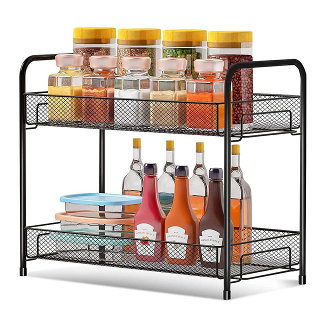 Spice Rack Organizer for Countertop, Xpatee 2-Tier Spice Seasoning Rack for Kitchen Cabinet Bathroom , Foldable Metal Rust-Proof Standing Seasoning Storage Shelf with Guardrail and Mesh Design