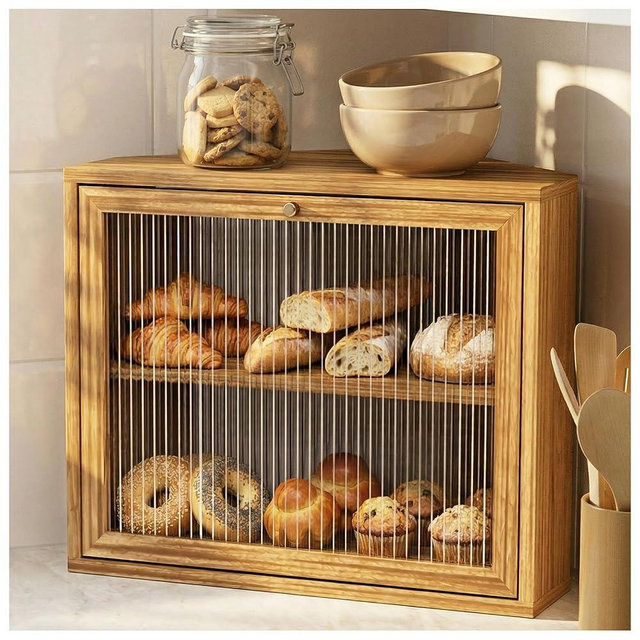 Yoimori Corner Bread Box for Kitchen Countertop, Double Layer Large Bread Storage Container, Breadbox for Homemade Bread, Under Cabinet Bread Holder Kitchen Organizer