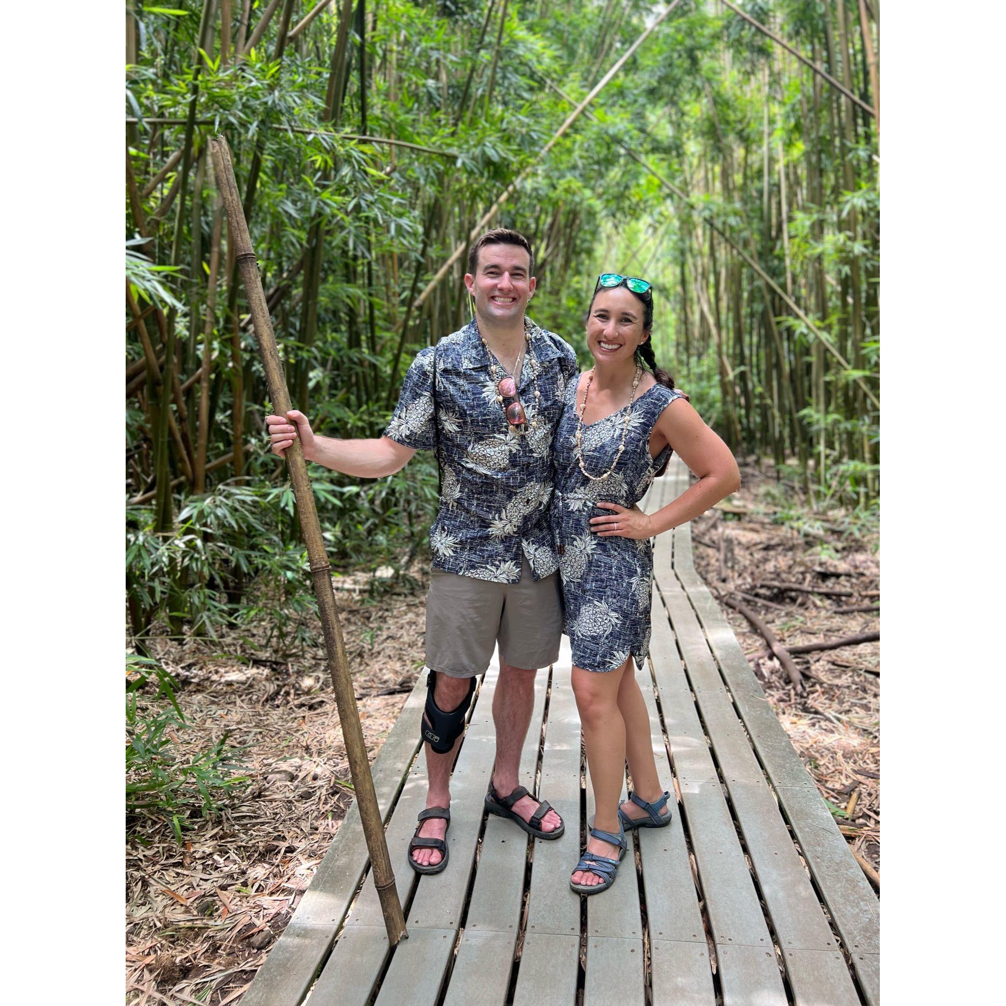 Matching outfits in the Haleakala National Park bamboo forest.