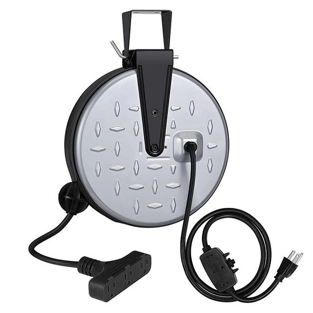 DEWENWILS Metal Extension Cord Reel,30FT retractable extension cord, 16AWG/3C SJTW Power Cord, 3 Electrical Outlets, 10A Circuit Breaker, Wall or Ceiling Mountable for Workshop, Garage, UL Listed