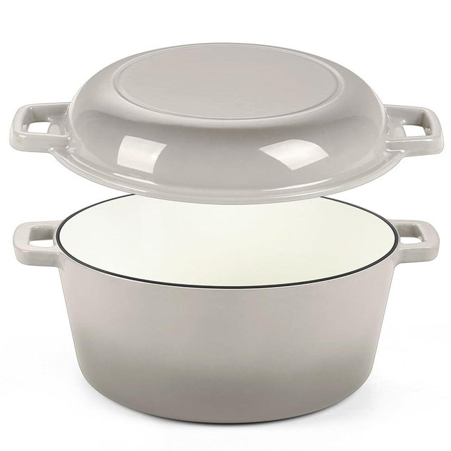 P&P CHEF 5Qt Dutch Oven Pot for Bread Baking (Khaki), 2 In 1 Round Cast Iron Dutch Oven with Lid Set, Skillet & Pot for Roasting Braising Stewing Frying Simmering, Multi Stoves & Oven Safe