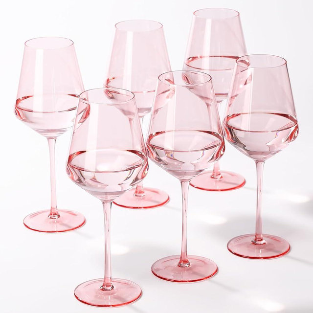 SIPBYSOP Pink Wine Glasses Set of 6, Handblown Colored Wine Glasse,Pink Coloful Glassware，17OZ for Red or White Wine