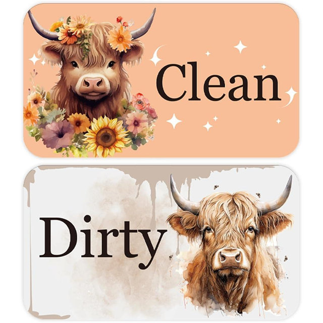 Dishwasher Magnet Clean Dirty Sign, Double-Sided Highland Cow Print Rounded Rectangle Clean/Dirty Magnets for Dish Washers, Home and Kitchen Magnetic Accessories