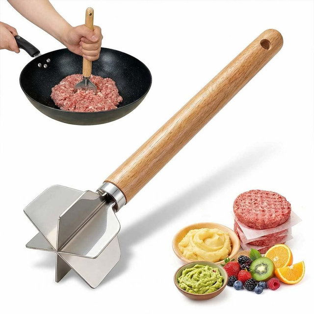 304 Stainless Steel Meat Chopper, 6 Blade Ground Beef Masher with Wooden Handle, Ground Beef chopper tool, Suitable For Making Ground meat, Mashed potatoes, Jam and more (1pc)