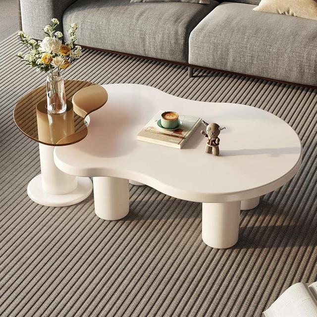 Miuuod 40.94" Modern Nesting Coffee Tables Set of 2, 2 in 1 Irregular Coffee Table, with Glass Top End Table for Living Room, Bedroom, Office, Small Spaces, Easy to Assemble,Cream White