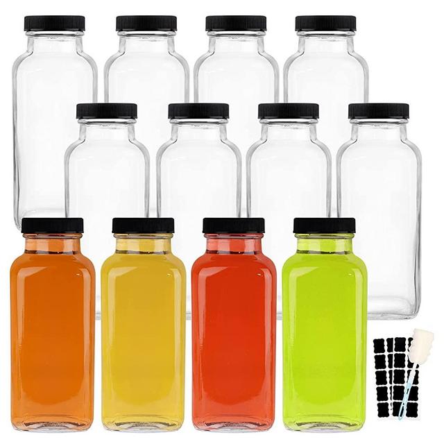 HINGWAH 12 OZ Glass Drink Bottles, Set of 12 Vintage Glass Water Bottles with Lids, Great for storing Juices, Milk, Beverages, Kombucha and More ( Labels and Sponge Brush Included)
