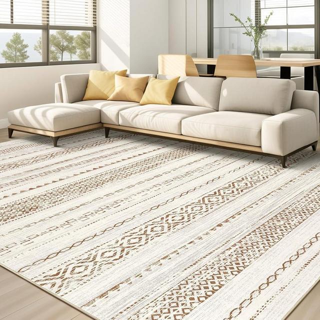 Area Rug Living Room Rugs - 8x10 Washable Boho Farmhouse Bohemian Neutral Large Rug Moroccan Geometric Soft No Slip Indoor Thin Floor Carpet for Bedroom Under Dining Table Home Office -Square Brown