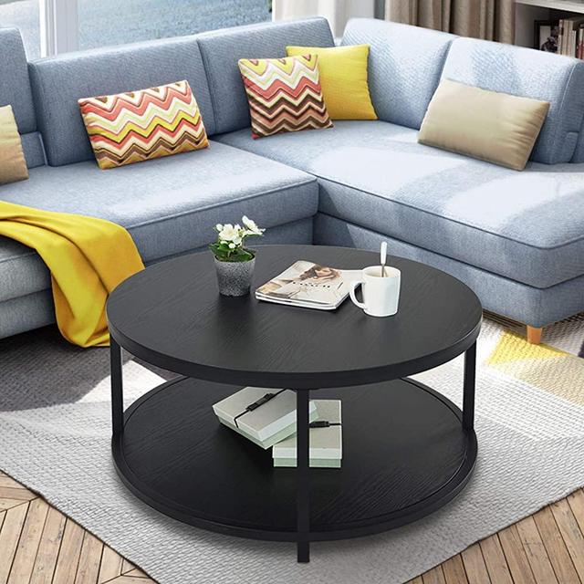 Round Coffee Table Rustic Vintage Industrial Design Furniture Sturdy Metal Frame Legs Sofa Table Cocktail Table with Storage Open Shelf for Living Room, Easy Assembly, Black
