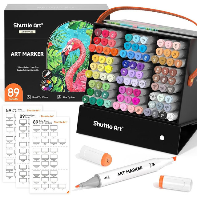 Shuttle Art 89 Colors Alcohol Markers, 88 Colors Dual Tip Art Marker Set Plus 1 Colorless Blender with Marker Case Perfect for Illustration Students Adult Coloring Sketching
