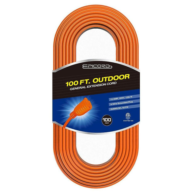 Epicord 16/3 Vinyl Outdoor Long Extension Cord 3 Prong Heavy Duty for Indoor and Outdoor (100 Feet Orange)