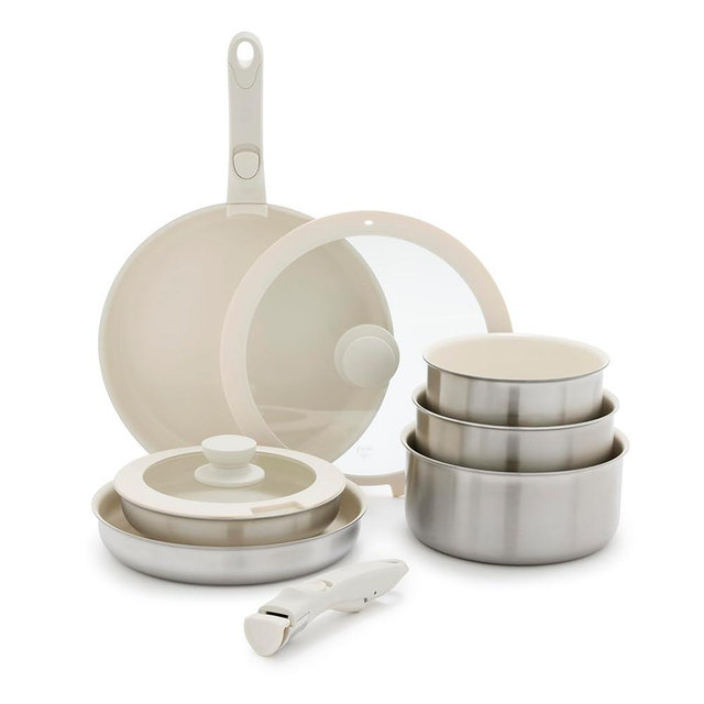 GreenLife Click 10-Piece Stainless Steel TriPly Cookware Set, Ceramic Nonstick Interior Coating, Detachable Handle, Stackable Space Saving, PFAS-Free Pots & Pans, Induction & Oven Safe, Glass Lid