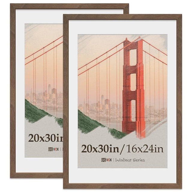 VCK 20x30 Poster Frame 2 Pack, Natural Wood Grain Brown Walnut, Display 16x24 Picture with Mat or 20x30 without Mat, Wall Hanging