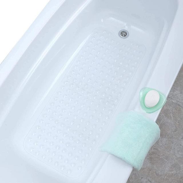 SlipX Solutions Power Grip Extra Long Bath Tub & Shower Mat 39x16, Wet Floor Non-Slip for Elderly & Kids Bathroom, 30% Longer Bathtub Mats, 200 Suction Cups, Drain Holes, Machine Wash, Clear