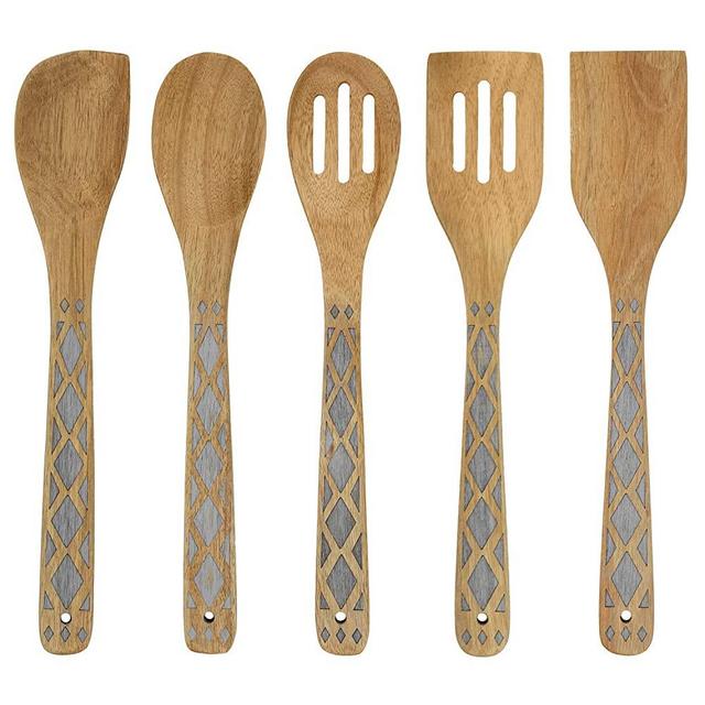 Country Kitchen 5 Piece Nonstick Utensil Set Acacia Wooden Kitchen Tools for Serving and Healthy Cooking with Grey Inlay Design