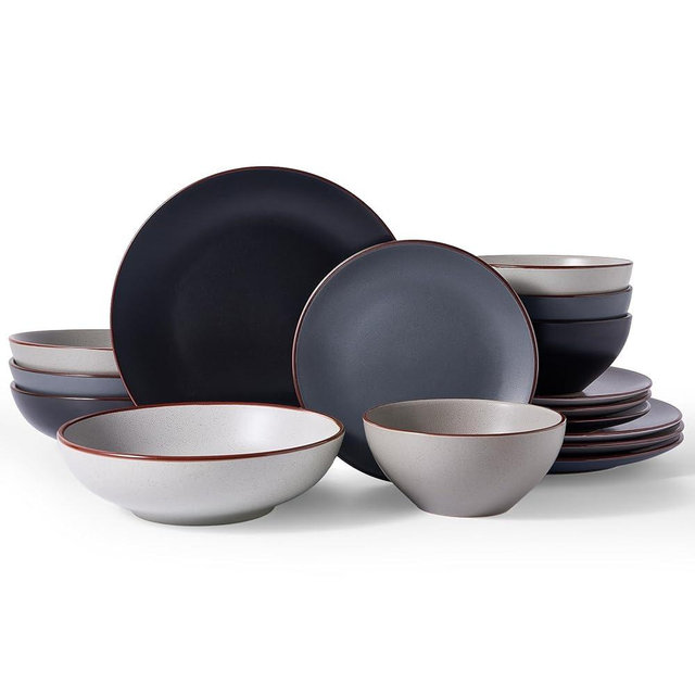 Famiware Venus Speckled Dinnerware Set with Pasta Bowls, Service for 4 (16 Pieces), Stoneware Plates and Double Bowls Sets, Microwave & Dishwasher-Safe Dishes with Trim, Matte Multi-color