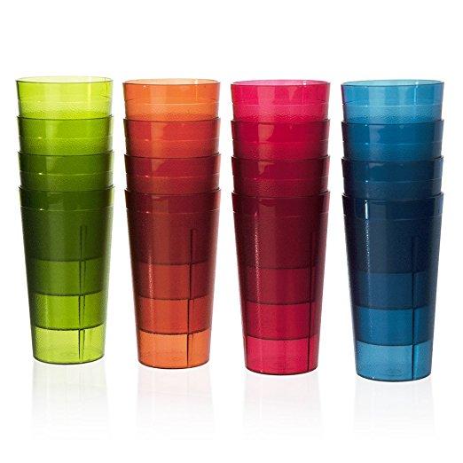 Cafe Break-Resistant Plastic 20oz Restaurant-Quality Beverage Tumblers | Set of 16 in 4 Assorted Colors.