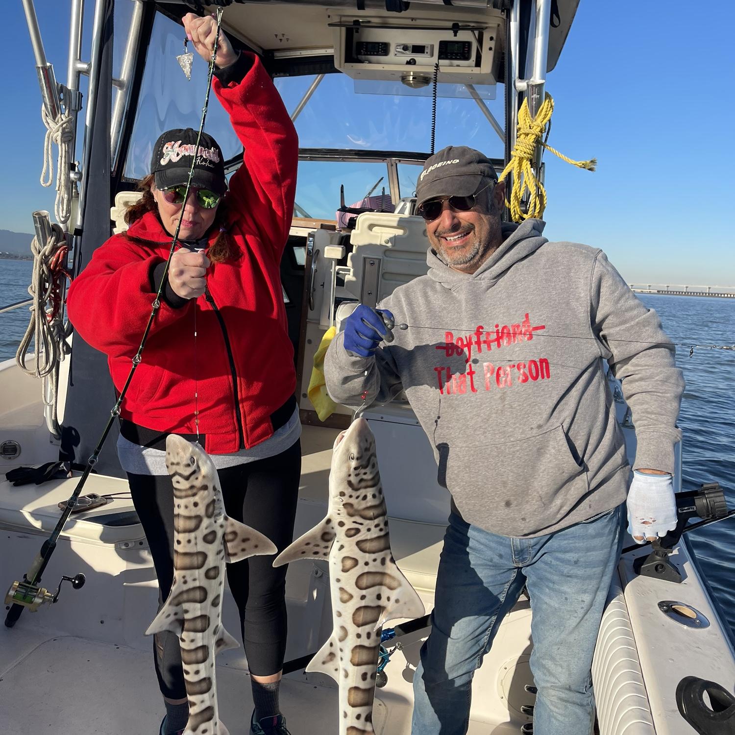 Two lines, two leopard sharks, one wild moment under the Dumbarton Bridge