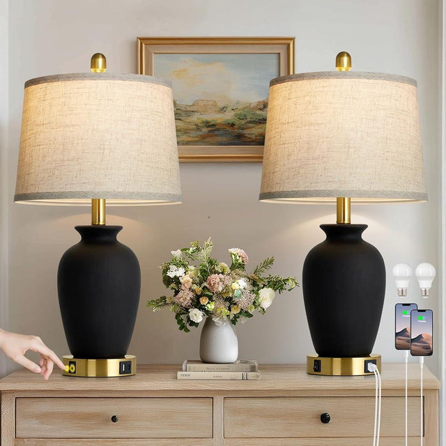 Cinkeda 23" Set of 2 Black Ceramic Farmhouse Table Lamp with Ginger Jar Design, Bedside USB Lamps for Living Room,Dining Room,Bedroom,Office,Nightstand,End Table