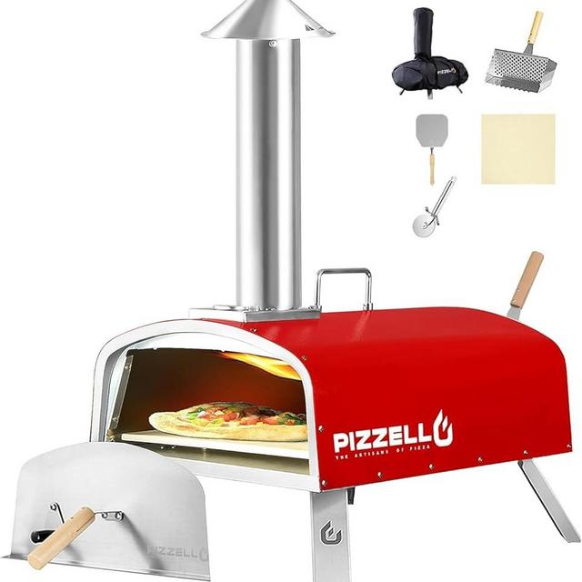 PIZZELLO Outdoor Pizza Oven 16" Wood Fired Pellet Pizza Ovens for Outside Stainless Steel Pizza Oven for Backyard w/Carry Bag, Pizza Stone, Pizza Cutter, Pizza Peel, Pizzello Forte 16 (Red)