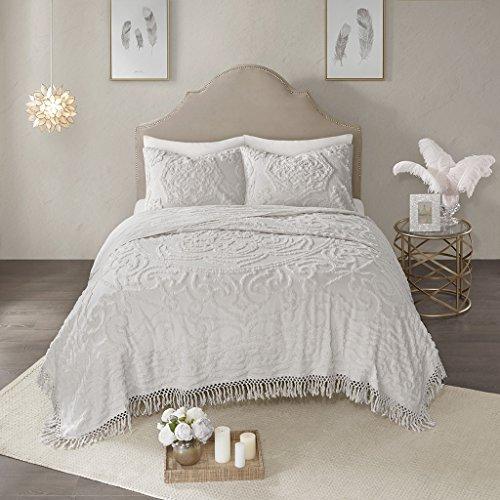 Madison Park Laetitia Coverlet Reversible 100% Cotton Chenille Floral Medallion Tufted Fringe Tassel Soft Hypoallergenic All Season Woven Bedding-Set, King/Cal King, Flower Embroidery Grey