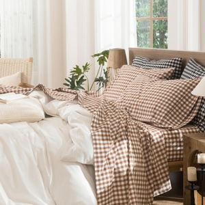 MooMee Gingham Sheet Set 100% Washed Cotton Linen (Classic Gingham Dark Orange, Queen)