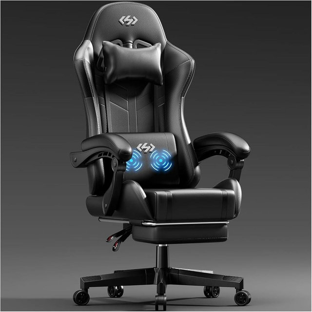 HLDIRECT Gaming Chair with Pocket Spring Cushion, Video Game Chair, Gaming Computer Chair, Ergonomic Chairs with Massage Lumbar Support for Adults, Swivel PU Leather Office Chair, Black
