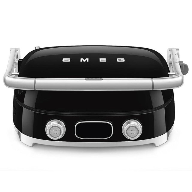 SMEG MGF01 Multi-Use Countertop Electric Grill, with Interchangeable Plates, Panini Press, Waffle Maker & Grill, LCD Display, Sear Function, Adjustable Temperature, 50’s Retro Style – (Black)