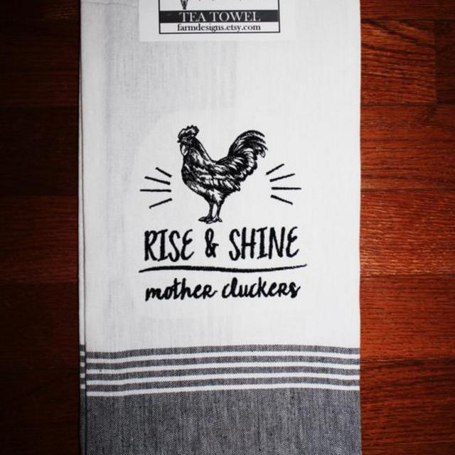 rooster kitchen decor~ rise and shine mother cluckers ~ rooster kitchen towel~ chicken tea towel ~ love chickens