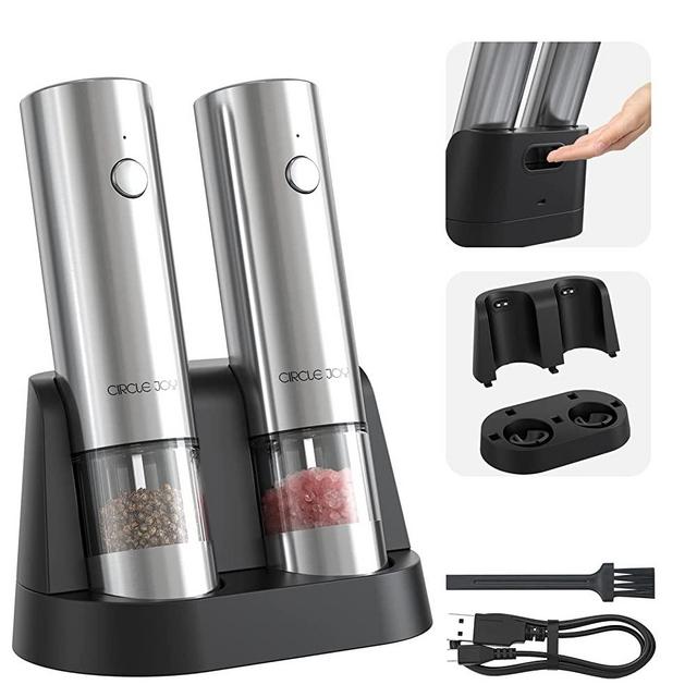 CIRCLE JOY Electric Salt and Pepper Grinder Set Stainless Steel Spice Grinder Automatic Pepper Mills with Easy-to-Carry Dual Charging Station, Brush, White Led Light, and Adjustable Coarseness