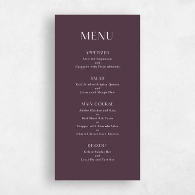 Dark Plum, Purple Wedding Menu - Milford
