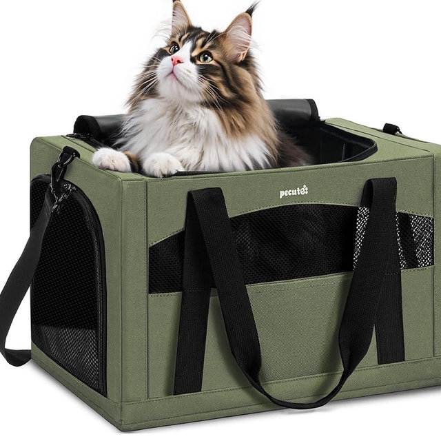 Pecute Pet Carrier for Cat up to 15lbs, Stable 5mm Steel Frame Soft-Sided Dog Carrier, Anxiety Relief Hidden Privacy Partition, Safe Pet Carrier for Car Travel, Washable, Foldable, Dark Green, XL