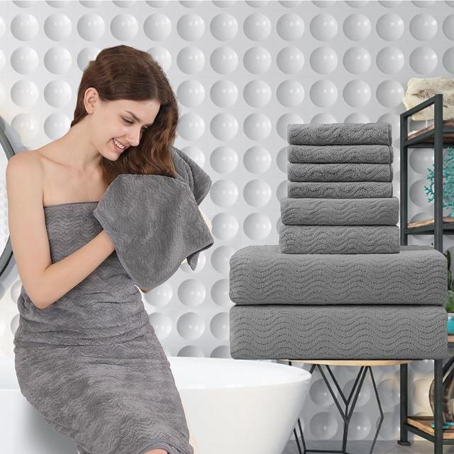 Grey Bath Towels Set of 8, Bathroom Towel Quick Dry Textured,2 Oversized Shower Towels Large/2 Hand Towels/4 Washcloths, Ultra Soft Microfiber Absorbent Face Towels Bath Sheets For Bathroom Hotel Spa