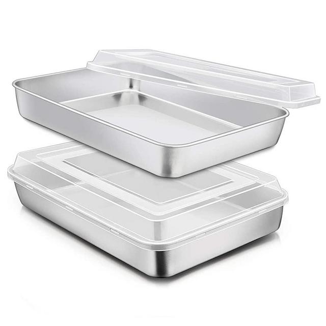 Stainless Steel Baking Pan with Lid, E-far 12⅓ x 9¾ x 2 Inch Rectangle Sheet Cake Pans with Covers Bakeware for Cakes Brownies Casseroles, Non-toxic & Healthy, Heavy Duty & Dishwasher Safe - Set of 2