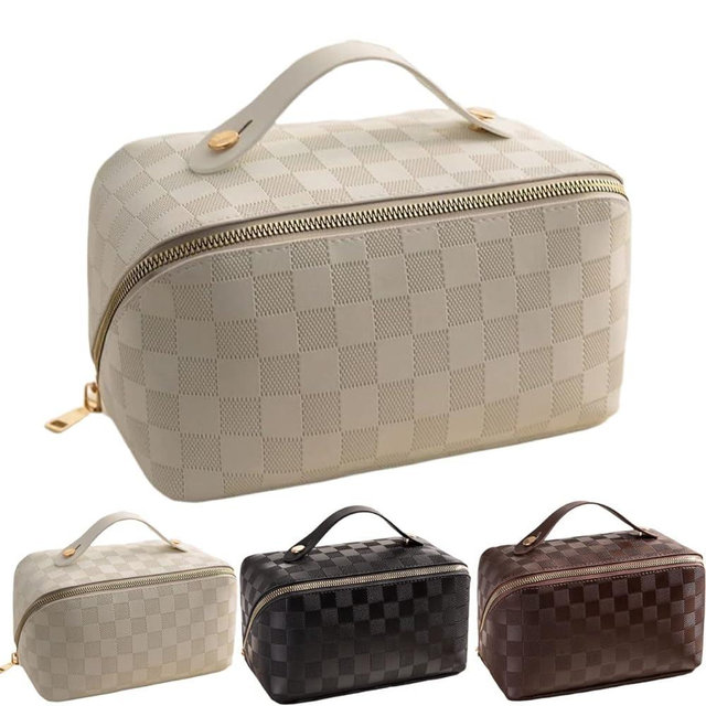 BIVIZKU Large Portable Makeup Bag Portable Travel Cosmetic Bag Opens Flat for Women Girls Gift Makeup Pouch Portable Zipper Bag (white beige-checkered)