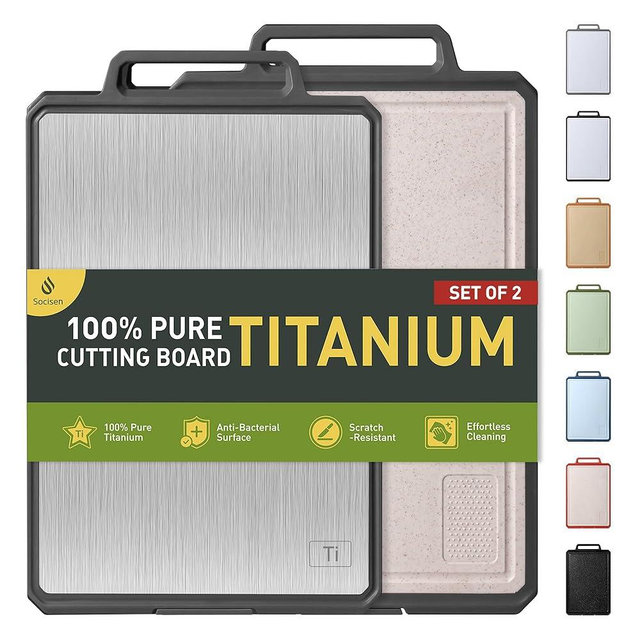2 Packs Pure Titanium Cutting Boards for Kitchen Chopping Board with Handle Large Big Small Kitchen Meat Butcher Block 2 in 1 Titanium and Wheat Straw PP Not Wood Bamboo Plastic Silicone Grey/Beige