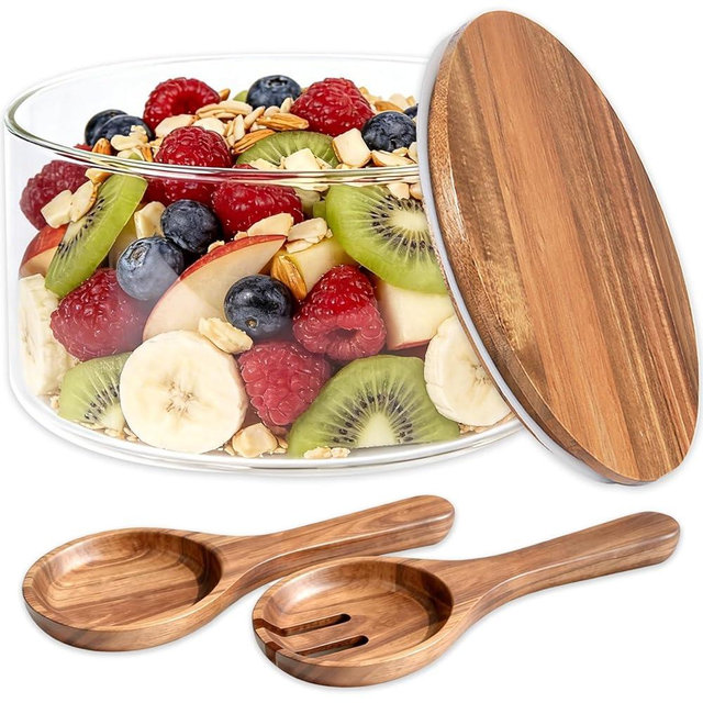 YUBAMIN Glass Salad Bowl with Lid, 9.8" Large Glass Mixing Bowls with Acacia Wood Lids Set & Serving Utensils, 200oz Trifle and Serving Bowl for Salads, Fruit, Pasta, Dessert, Popcorn, Microwave Safe