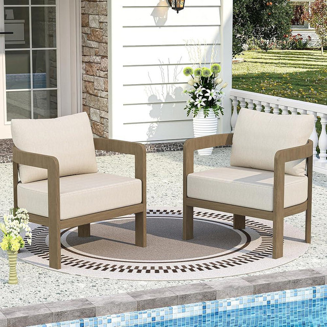 COMLAX FIELD Outdoor Patio Chairs Set of 2, Modern Accent Club Chairs with 6” Thick Cushions, Curved Outdoor Lounge Sofa 350lbs for Backyard Porch Balcony, Beige