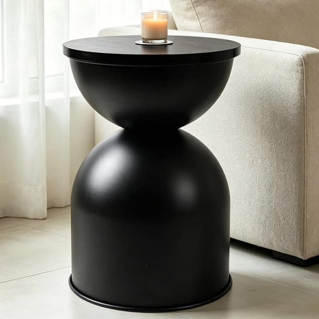 AELS Mid Century Modern Storage Drum Side Table, 12.5" Wide Black Metal End Table with Removable Lid, Accent Table for Living Room, Bedroom or Entryway