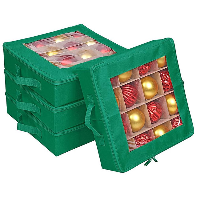 ProPik 4 Pcs Christmas Ornament Storage Boxes with Dividers, Transparent Top, Zipper Closure & Handles- 4 Individual Ornament Holder Trays- Keeps 64 Holiday Ornaments- Durable Ornament Organizer Storage Box (Green)